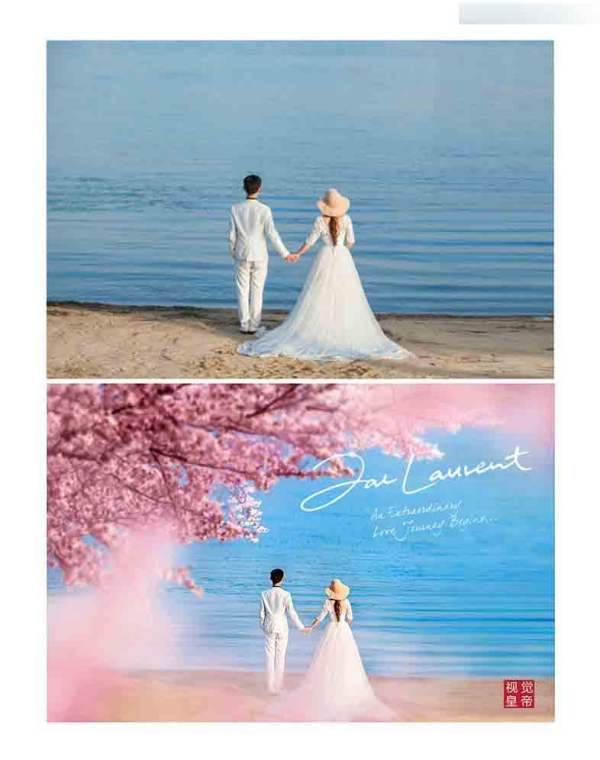 Photoshop合成唯美的樱花树下面朝大海的婚片美景